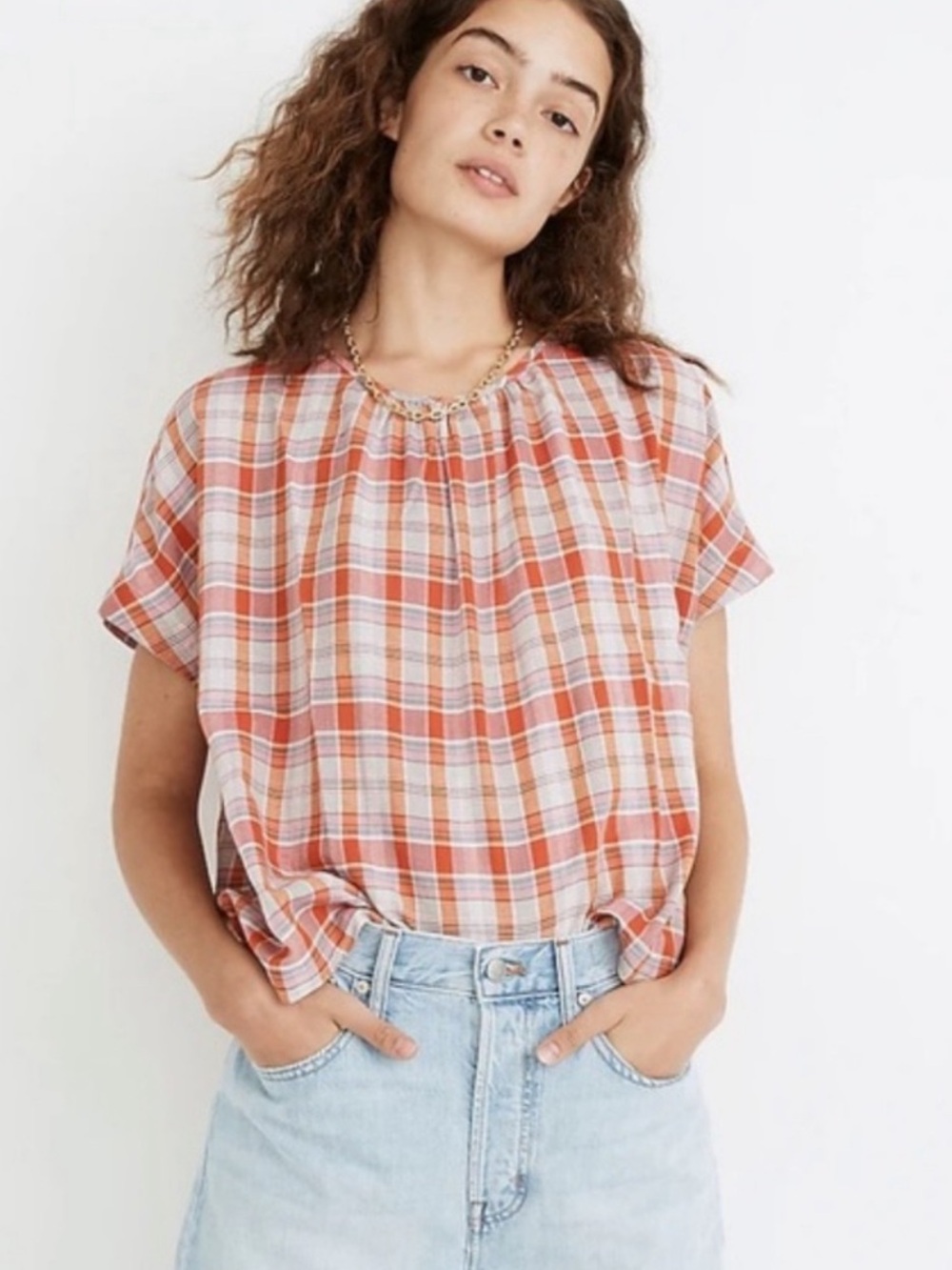 Madewell Shrill Neck Plaid Boxy Cotton Top